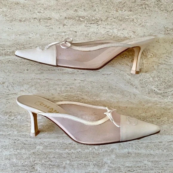 Vintage Chanel Mesh CC Bow Cap Toe Mule Heels - Picture 5 of 9